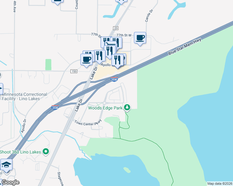 map of restaurants, bars, coffee shops, grocery stores, and more near 7547 Woods Edge Boulevard in Circle Pines