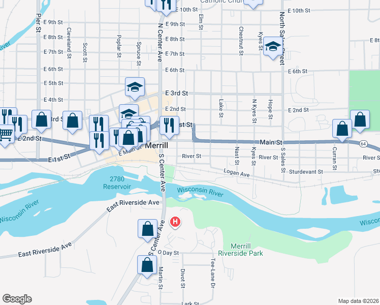 map of restaurants, bars, coffee shops, grocery stores, and more near 1308 River Street in Merrill