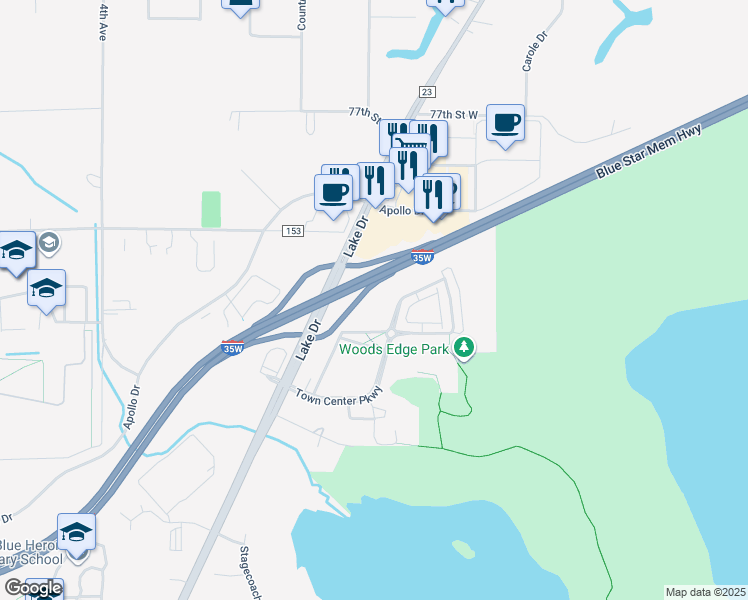 map of restaurants, bars, coffee shops, grocery stores, and more near 715 Town Center Parkway in Circle Pines