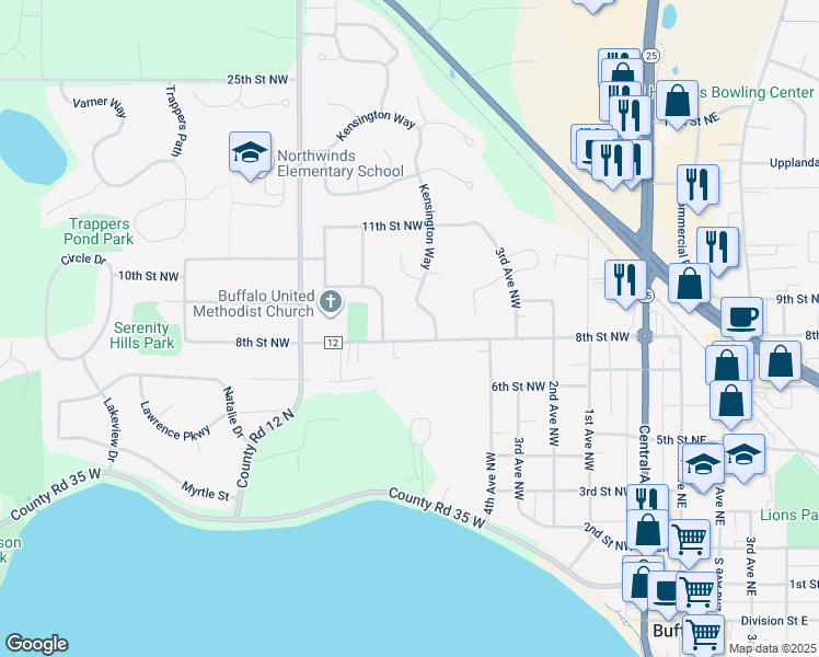 map of restaurants, bars, coffee shops, grocery stores, and more near 415 8th Street Northwest in Buffalo
