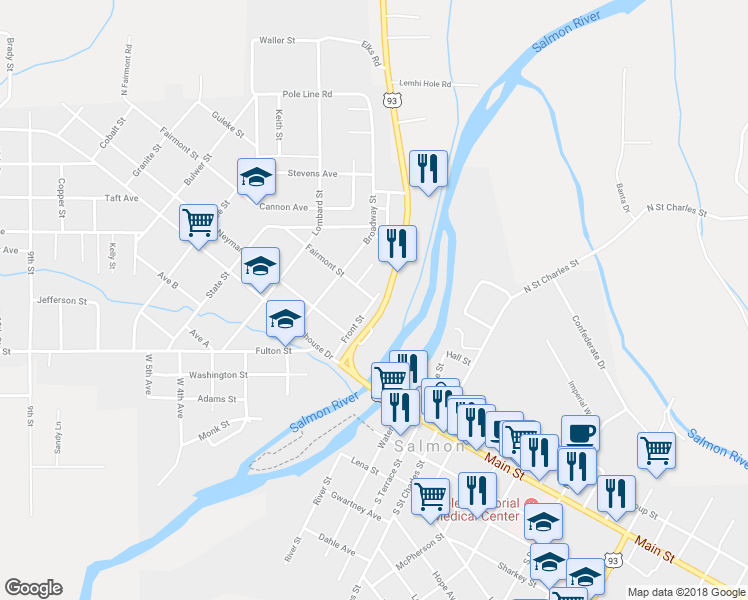 map of restaurants, bars, coffee shops, grocery stores, and more near 398 Front Street in Salmon