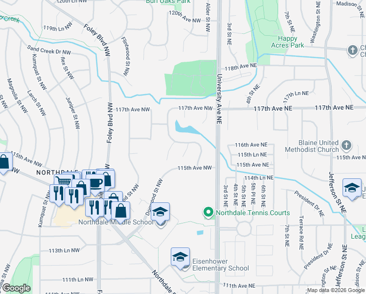 map of restaurants, bars, coffee shops, grocery stores, and more near 11585 Butternut Street Northwest in Minneapolis