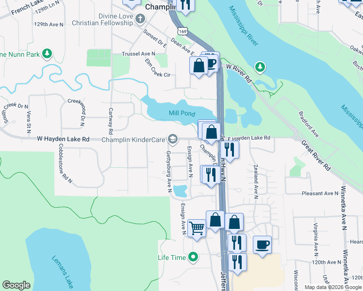 map of restaurants, bars, coffee shops, grocery stores, and more near 206 East Hayden Lake Road in Champlin