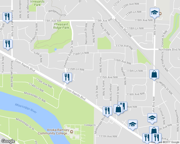 map of restaurants, bars, coffee shops, grocery stores, and more near 3250 115th Lane Northwest in Coon Rapids