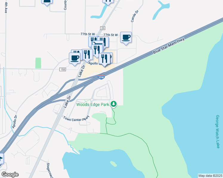 map of restaurants, bars, coffee shops, grocery stores, and more near 7547 Woods Edge Boulevard in Circle Pines