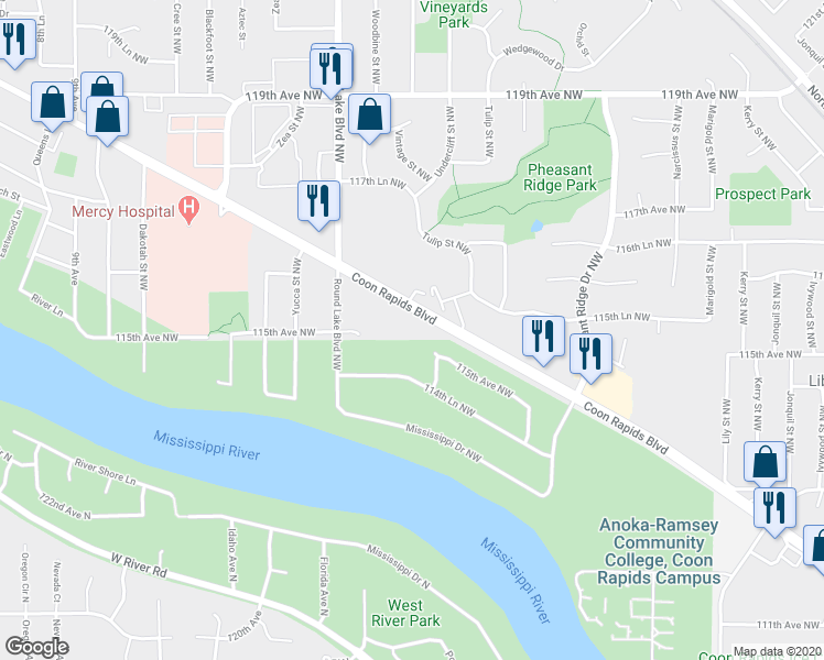 map of restaurants, bars, coffee shops, grocery stores, and more near 3678 Coon Rapids Boulevard Northwest in Coon Rapids
