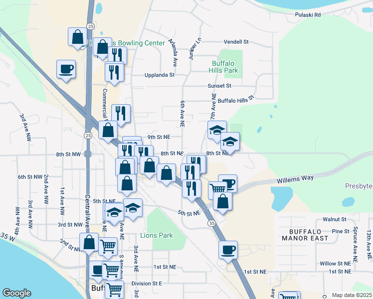 map of restaurants, bars, coffee shops, grocery stores, and more near 606 8th Street Northeast in Buffalo