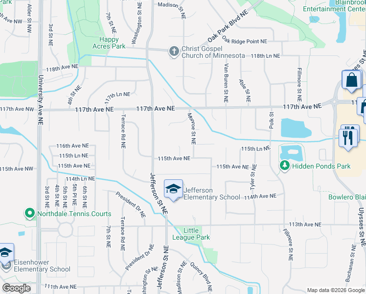 map of restaurants, bars, coffee shops, grocery stores, and more near 11519 Madison Court Northeast in Blaine