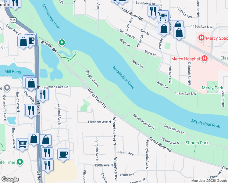 map of restaurants, bars, coffee shops, grocery stores, and more near 909 Bradford Avenue in Champlin