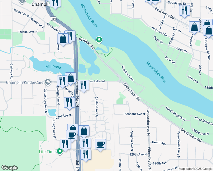 map of restaurants, bars, coffee shops, grocery stores, and more near 8420 124th Lane North in Champlin
