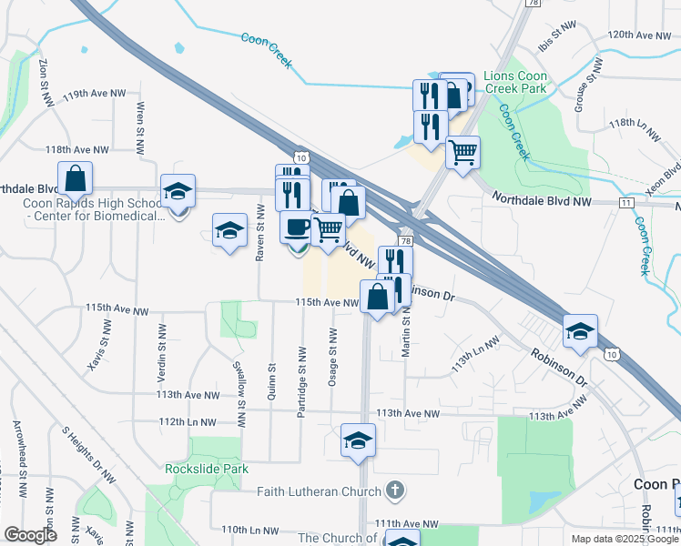 map of restaurants, bars, coffee shops, grocery stores, and more near 2050 Northdale Boulevard Northwest in Coon Rapids