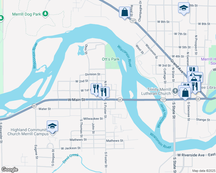 map of restaurants, bars, coffee shops, grocery stores, and more near 120 Valley Street in Merrill