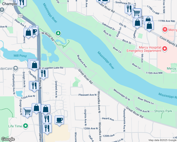 map of restaurants, bars, coffee shops, grocery stores, and more near 848 Bradford Avenue in Champlin