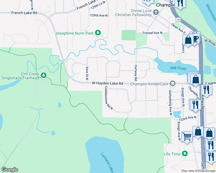 map of restaurants, bars, coffee shops, grocery stores, and more near 1206 Cobblestone Road North in Champlin