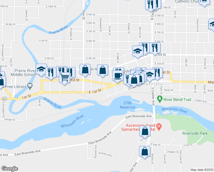 map of restaurants, bars, coffee shops, grocery stores, and more near 701 East 1st Street in Merrill