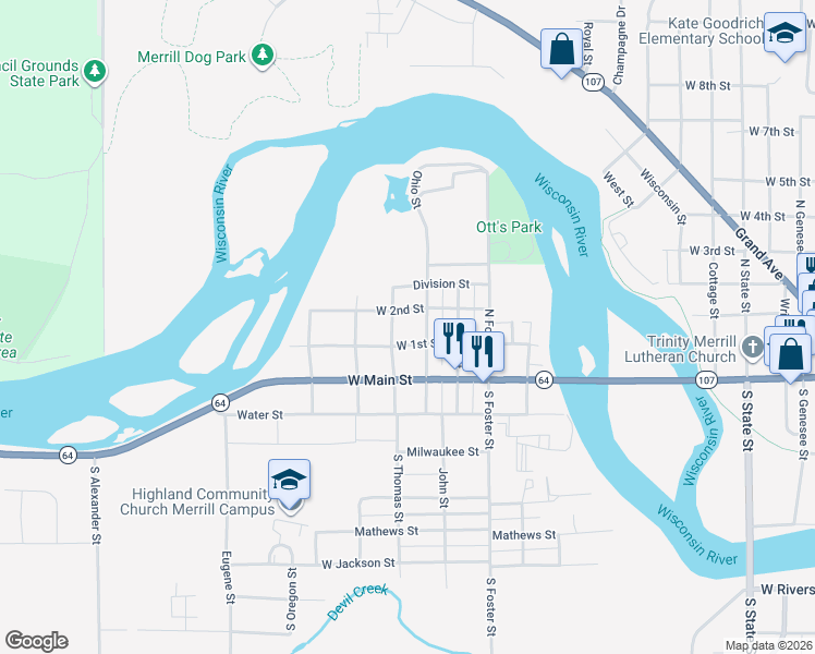 map of restaurants, bars, coffee shops, grocery stores, and more near 201 North Thomas Street in Merrill