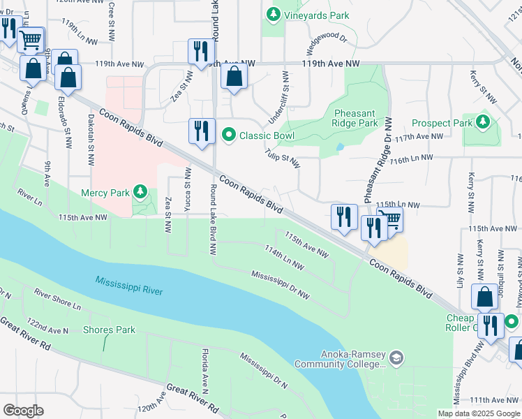 map of restaurants, bars, coffee shops, grocery stores, and more near 3662 Coon Rapids Boulevard Northwest in Coon Rapids