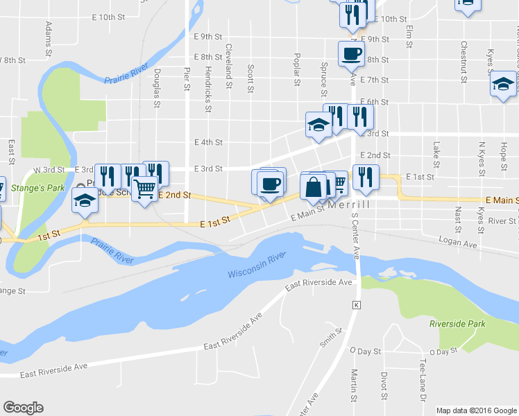 map of restaurants, bars, coffee shops, grocery stores, and more near 612 E 1st St in Merrill