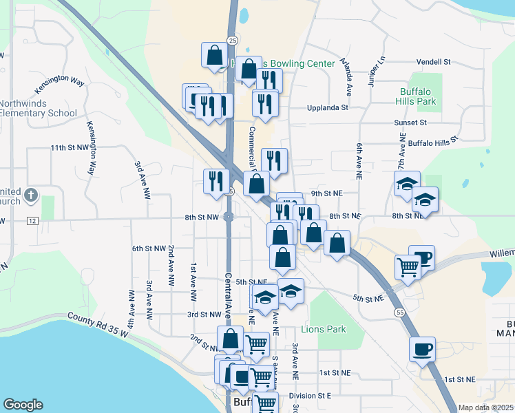 map of restaurants, bars, coffee shops, grocery stores, and more near 101 8th Street Northeast in Buffalo