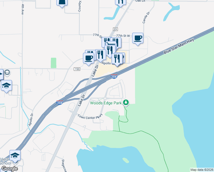 map of restaurants, bars, coffee shops, grocery stores, and more near 668 Town Center Parkway in Circle Pines