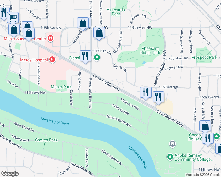 map of restaurants, bars, coffee shops, grocery stores, and more near 3678 Coon Rapids Boulevard Northwest in Coon Rapids