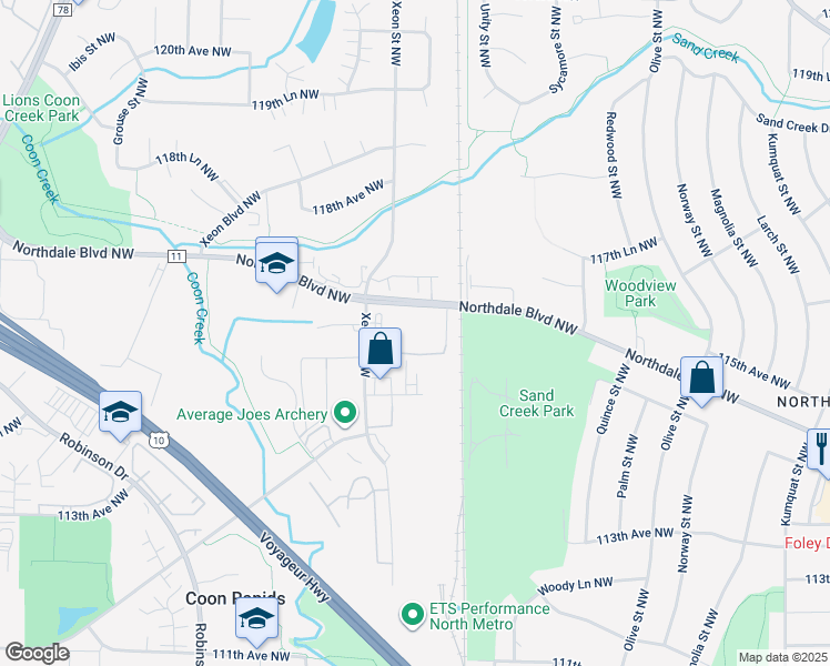 map of restaurants, bars, coffee shops, grocery stores, and more near 1155 114th Lane Northwest in Coon Rapids