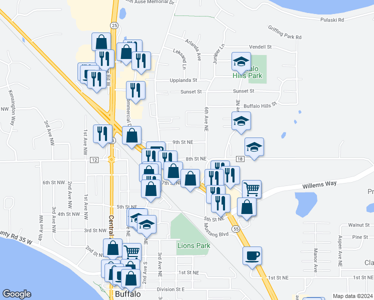 map of restaurants, bars, coffee shops, grocery stores, and more near 807 5th Avenue Northeast in Buffalo