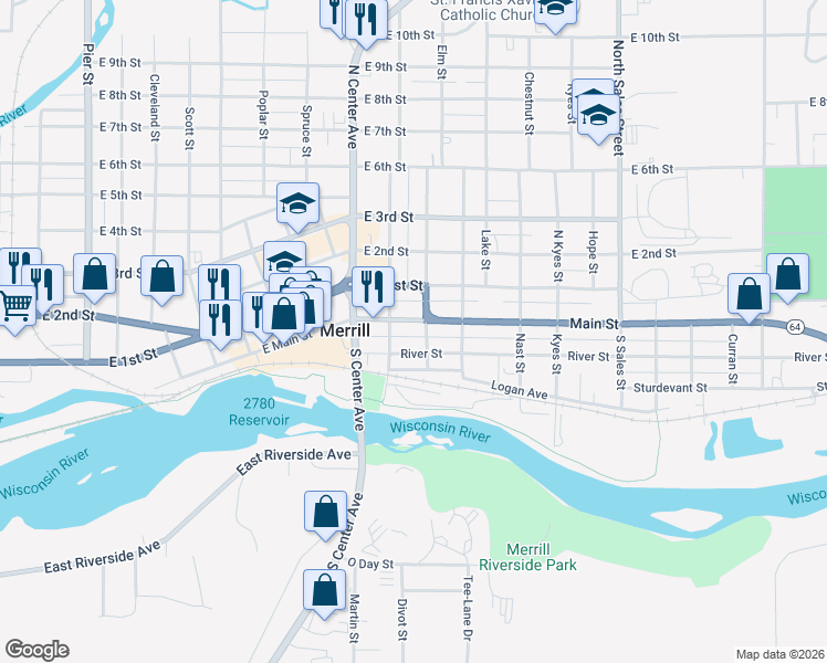 map of restaurants, bars, coffee shops, grocery stores, and more near 1308 River Street in Merrill