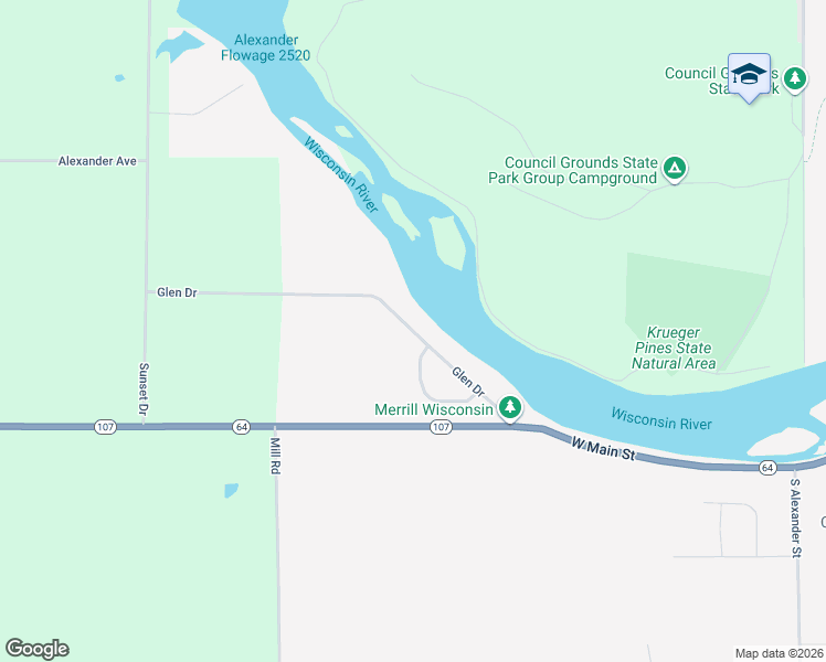 map of restaurants, bars, coffee shops, grocery stores, and more near 2706 Glen Drive in Merrill
