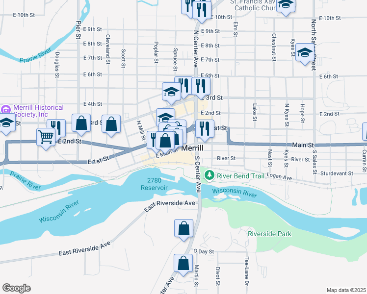 map of restaurants, bars, coffee shops, grocery stores, and more near 1110 East Main Street in Merrill