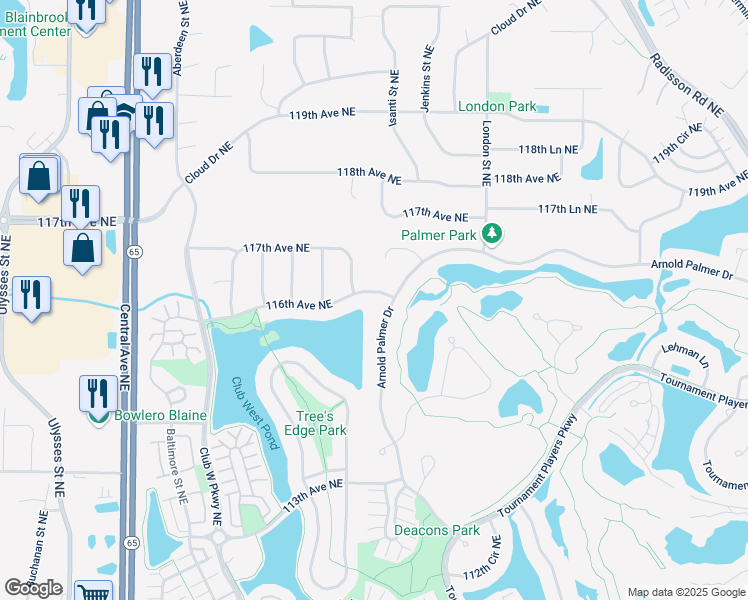 map of restaurants, bars, coffee shops, grocery stores, and more near 11558 Arnold Palmer Drive in Blaine