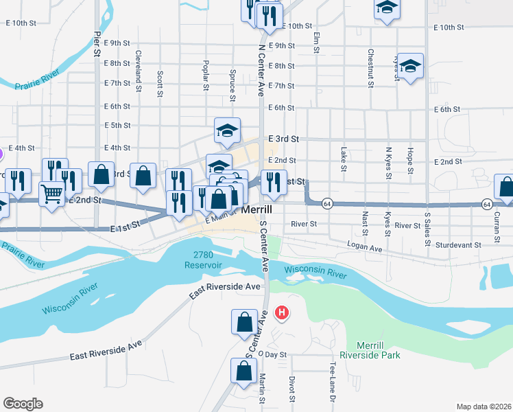 map of restaurants, bars, coffee shops, grocery stores, and more near in Merrill