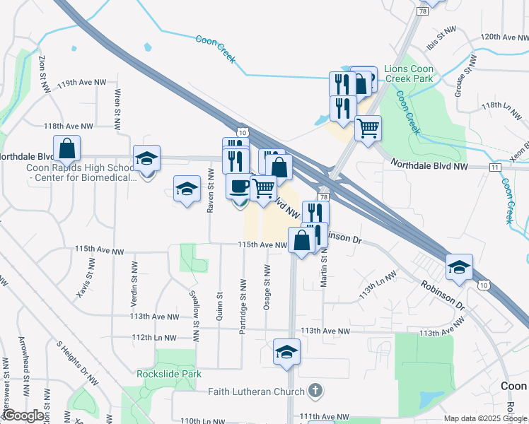 map of restaurants, bars, coffee shops, grocery stores, and more near 2050 Northdale Boulevard Northwest in Coon Rapids