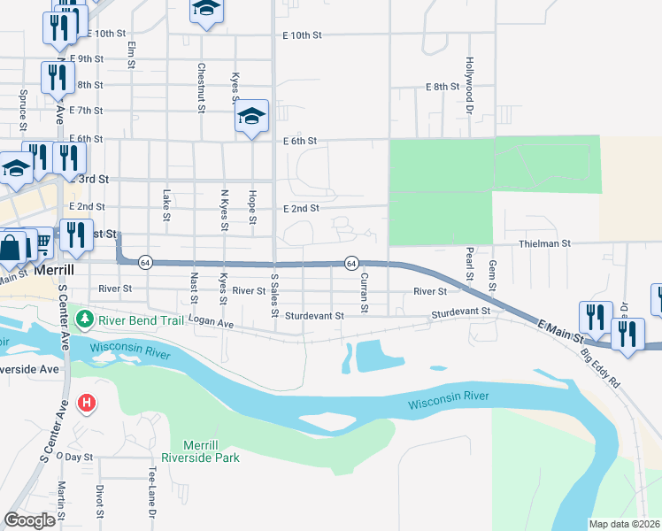map of restaurants, bars, coffee shops, grocery stores, and more near 2200 E Main St in Merrill
