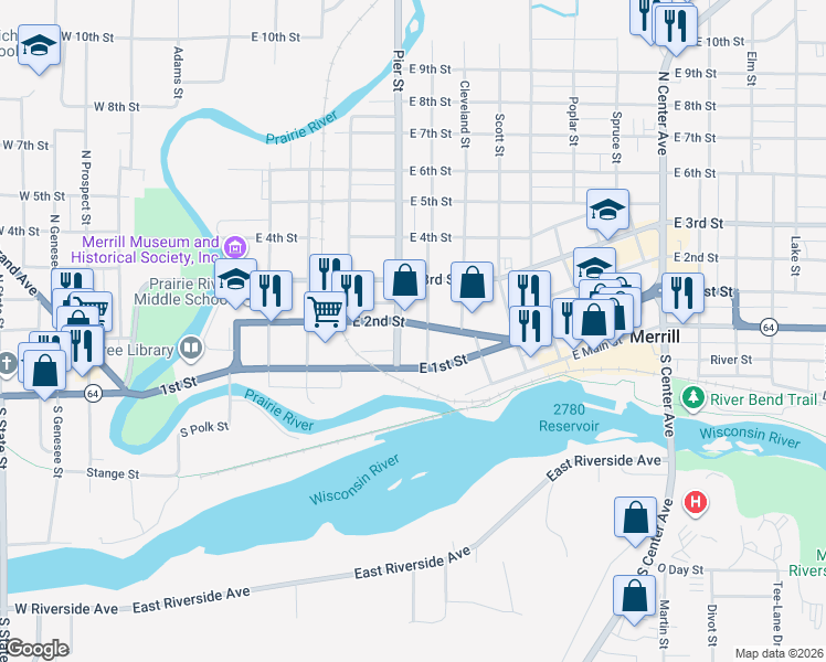 map of restaurants, bars, coffee shops, grocery stores, and more near 510 East 1st Street in Merrill