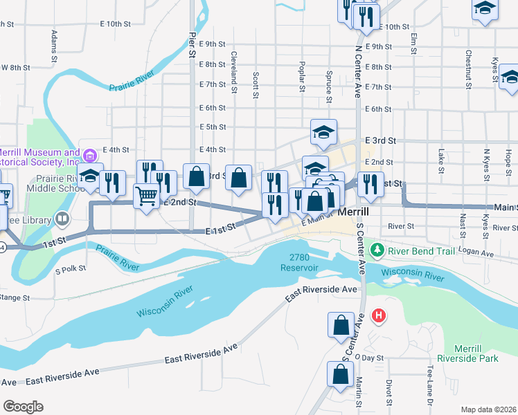 map of restaurants, bars, coffee shops, grocery stores, and more near 701 East 1st Street in Merrill