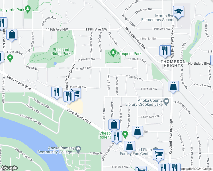 map of restaurants, bars, coffee shops, grocery stores, and more near 11540 Kerry Street Northwest in Coon Rapids