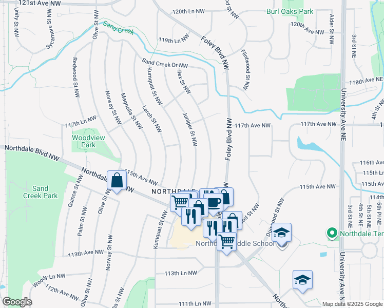 map of restaurants, bars, coffee shops, grocery stores, and more near 11650 Juniper Street Northwest in Minneapolis