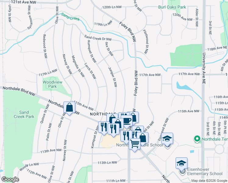 map of restaurants, bars, coffee shops, grocery stores, and more near 11650 Juniper Street Northwest in Minneapolis