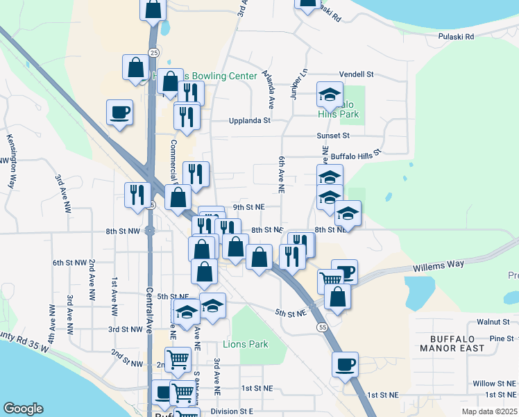 map of restaurants, bars, coffee shops, grocery stores, and more near 407 9th Street Northeast in Buffalo