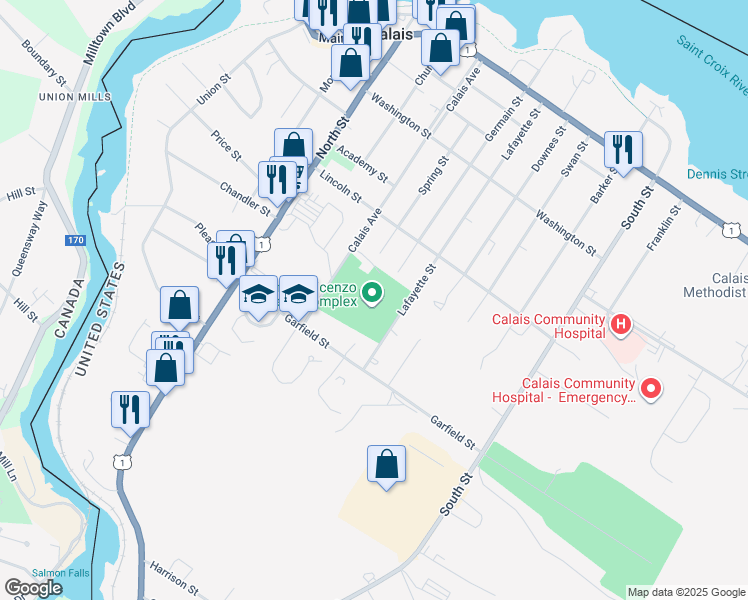 map of restaurants, bars, coffee shops, grocery stores, and more near 62 Spring Street in Calais
