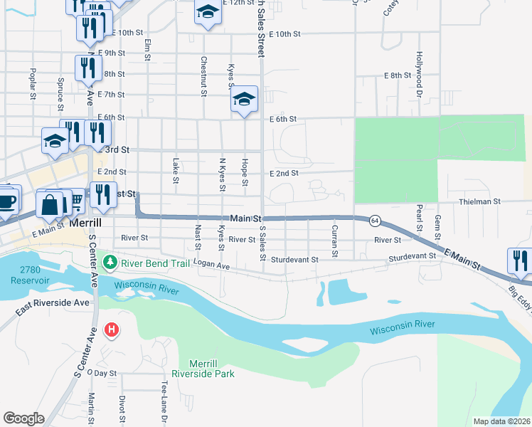 map of restaurants, bars, coffee shops, grocery stores, and more near 1907 East 1st Street in Merrill