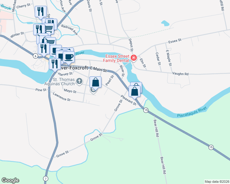 map of restaurants, bars, coffee shops, grocery stores, and more near 109 Pleasant Street in Dover-Foxcroft