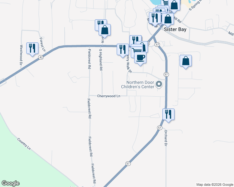 map of restaurants, bars, coffee shops, grocery stores, and more near 10518 Cherrywood Court in Sister Bay