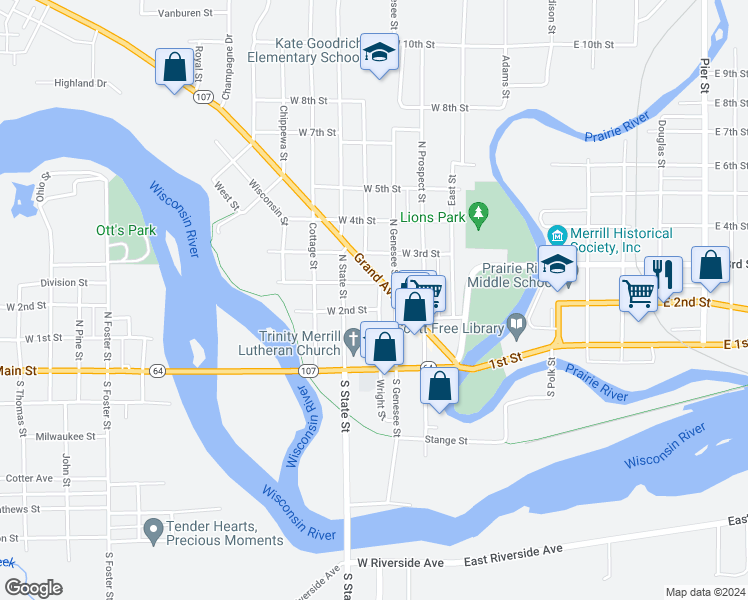 map of restaurants, bars, coffee shops, grocery stores, and more near 601 Division Street in Merrill