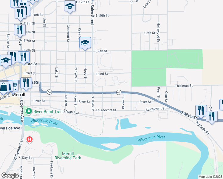 map of restaurants, bars, coffee shops, grocery stores, and more near 2200 East Main Street in Merrill