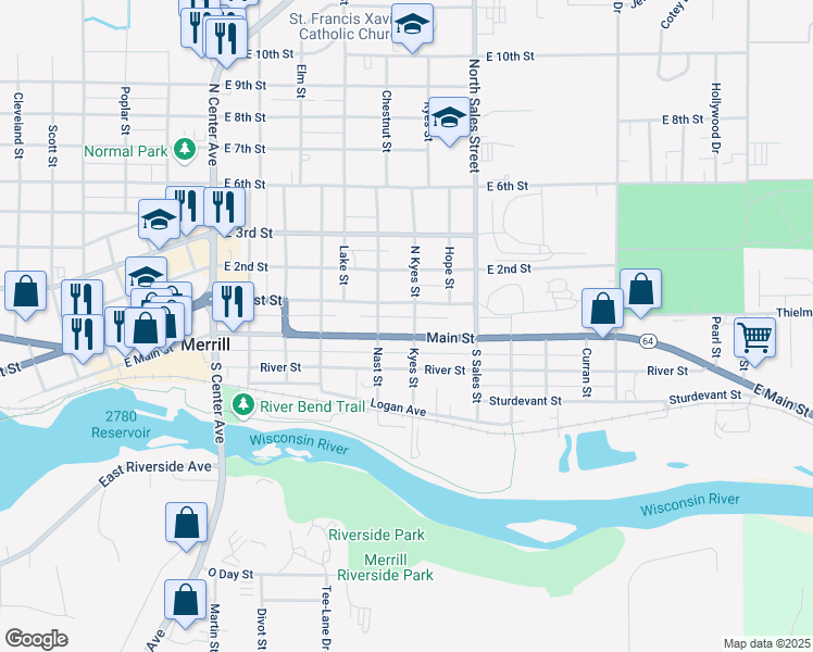 map of restaurants, bars, coffee shops, grocery stores, and more near 1705 East 1st Street in Merrill