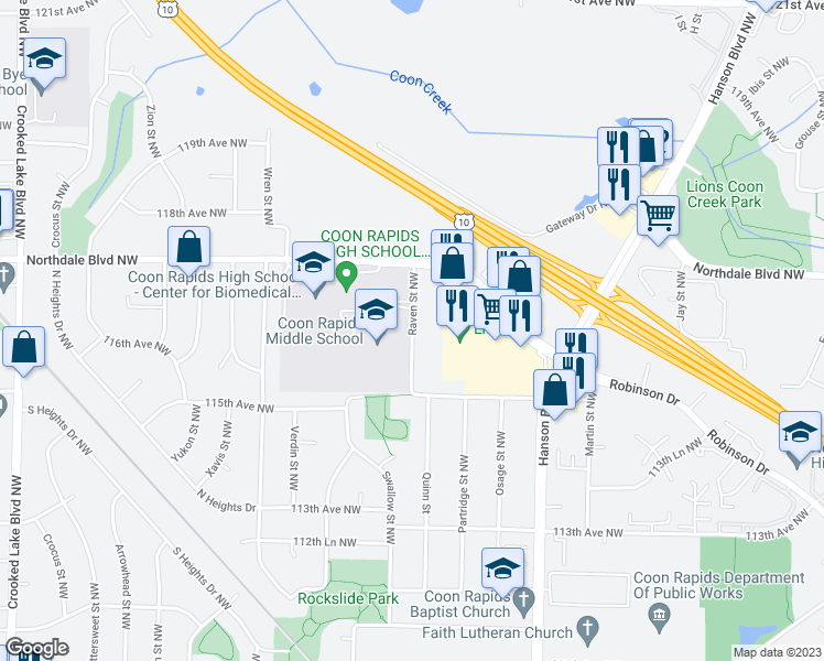 map of restaurants, bars, coffee shops, grocery stores, and more near 11595 Raven Street Northwest in Coon Rapids