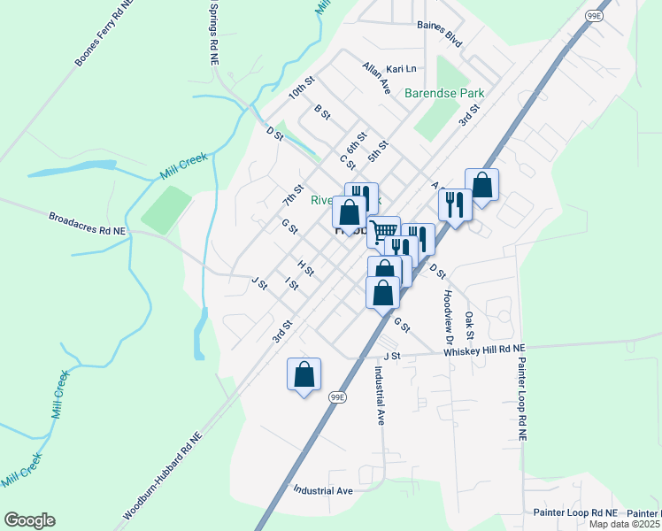 map of restaurants, bars, coffee shops, grocery stores, and more near 2745 G Street in Hubbard