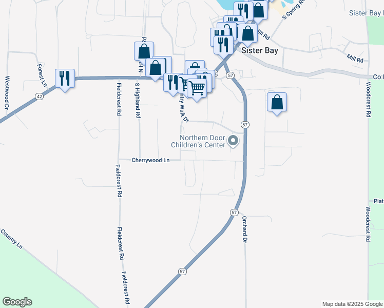 map of restaurants, bars, coffee shops, grocery stores, and more near 2410 Cherrywood Lane in Sister Bay